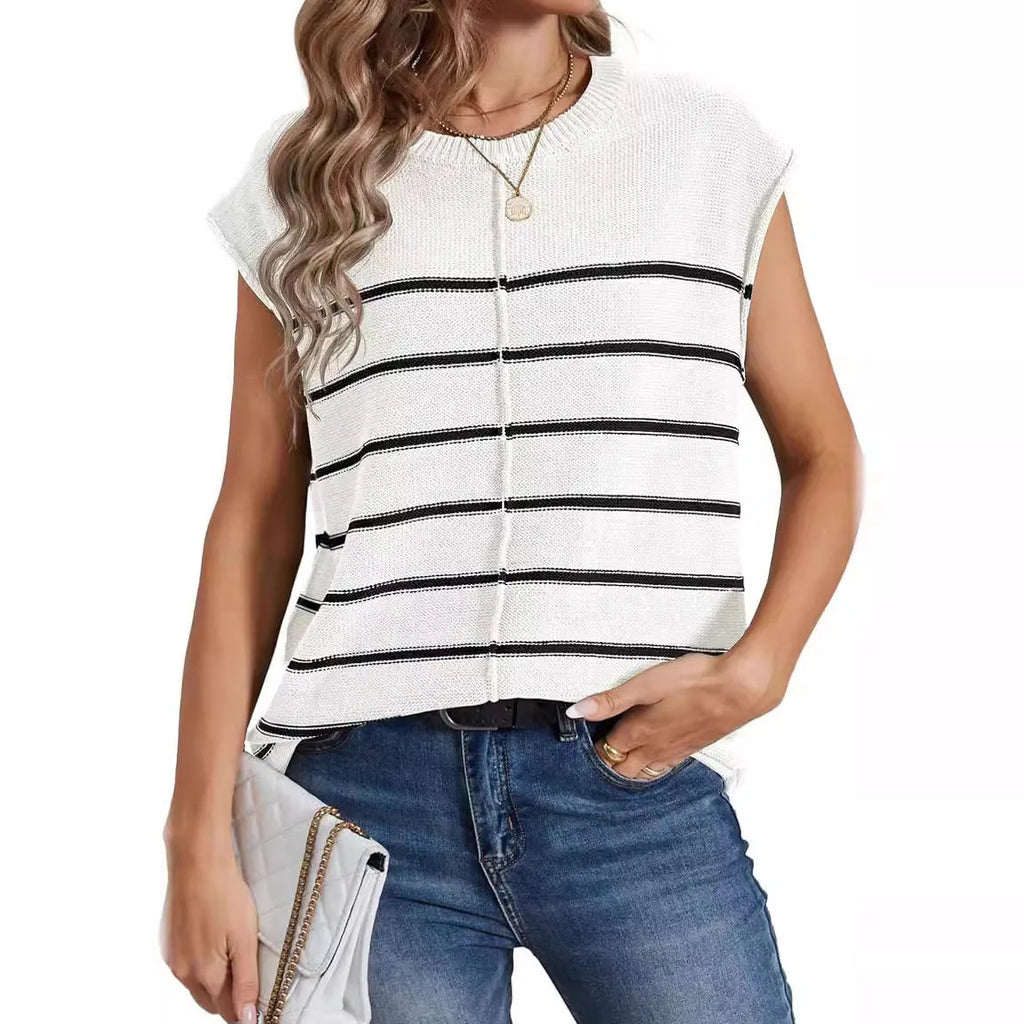 Women's striped sleeveless pullover vest in acrylic knit with bone stitching detail