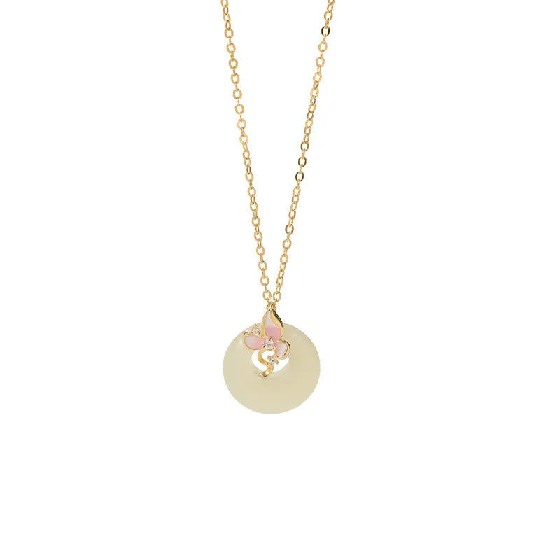 Girl's silver necklace with orchid flower pendant and safety buckle, with matching bracelet.