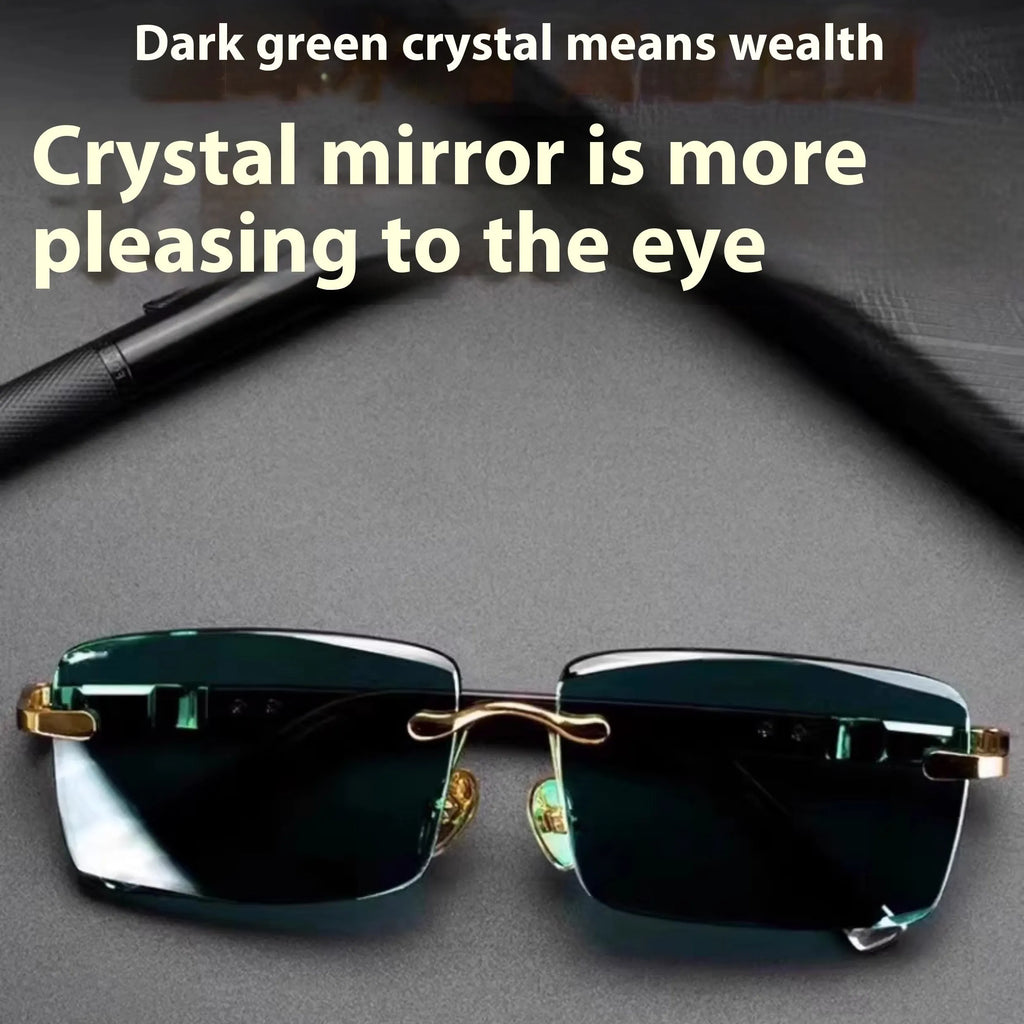 Frameless dark green crystal glasses with sunshade function shown with case and cleaning cloth
