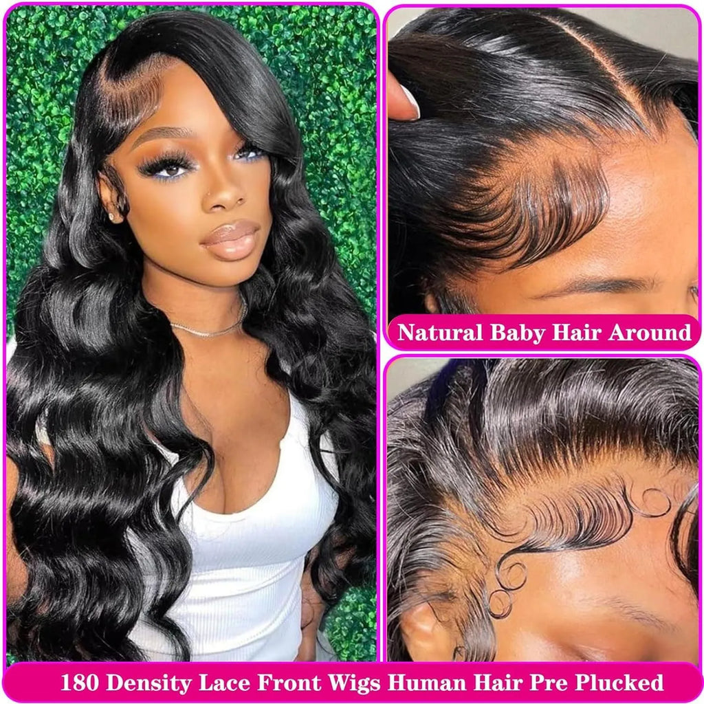 Black synthetic full-head wig with medium-long curly waves, shown on a model or wig stand.