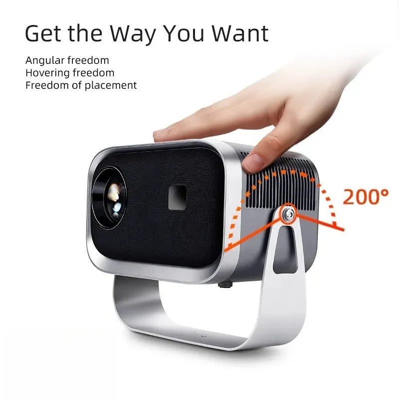 Android 4K portable smart projector with international power compatibility for home cinema and mobile screen mirroring
