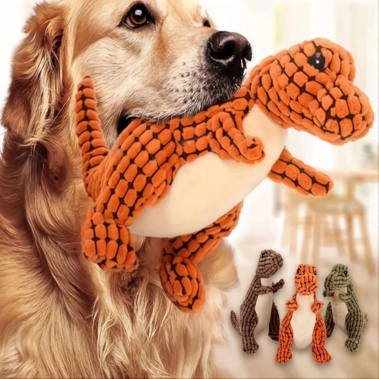Set of four grey, green, and orange dog toys with sound features for chewing and training