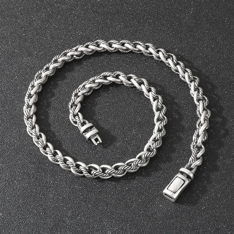 Men's antique silver titanium steel keel chain necklace with large hemp flower links.