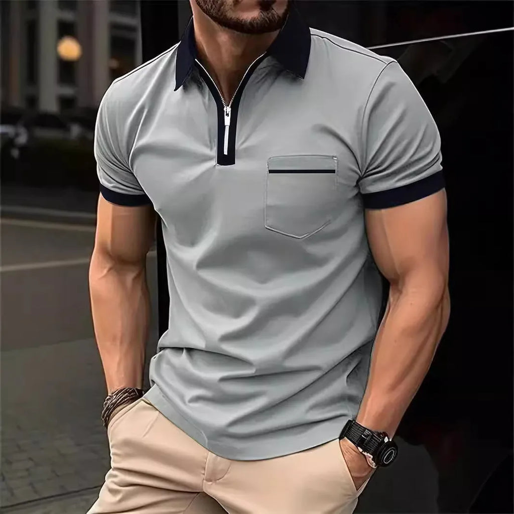 Men's casual short sleeve shirt with chest pocket and zipper detail in a loose fit