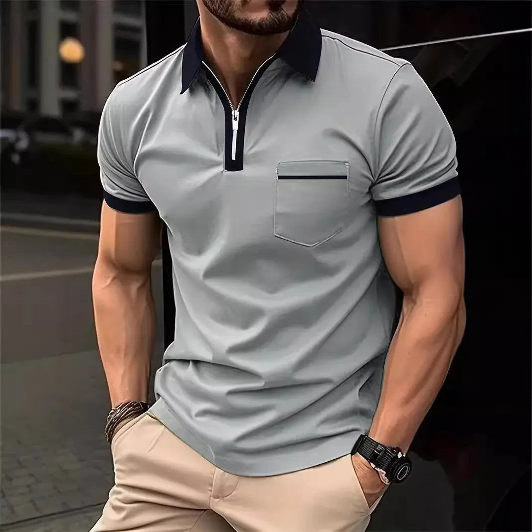 Men's casual short sleeve shirt with chest pocket and zipper detail in a loose fit