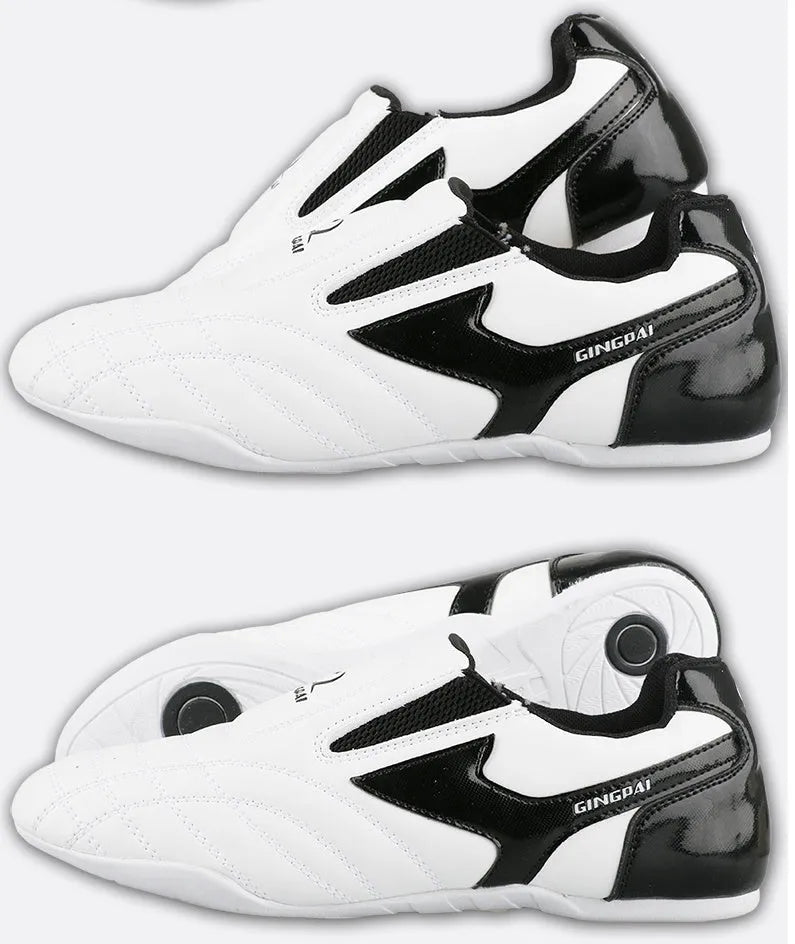 Black and White children's martial arts training shoes with soft bottom construction