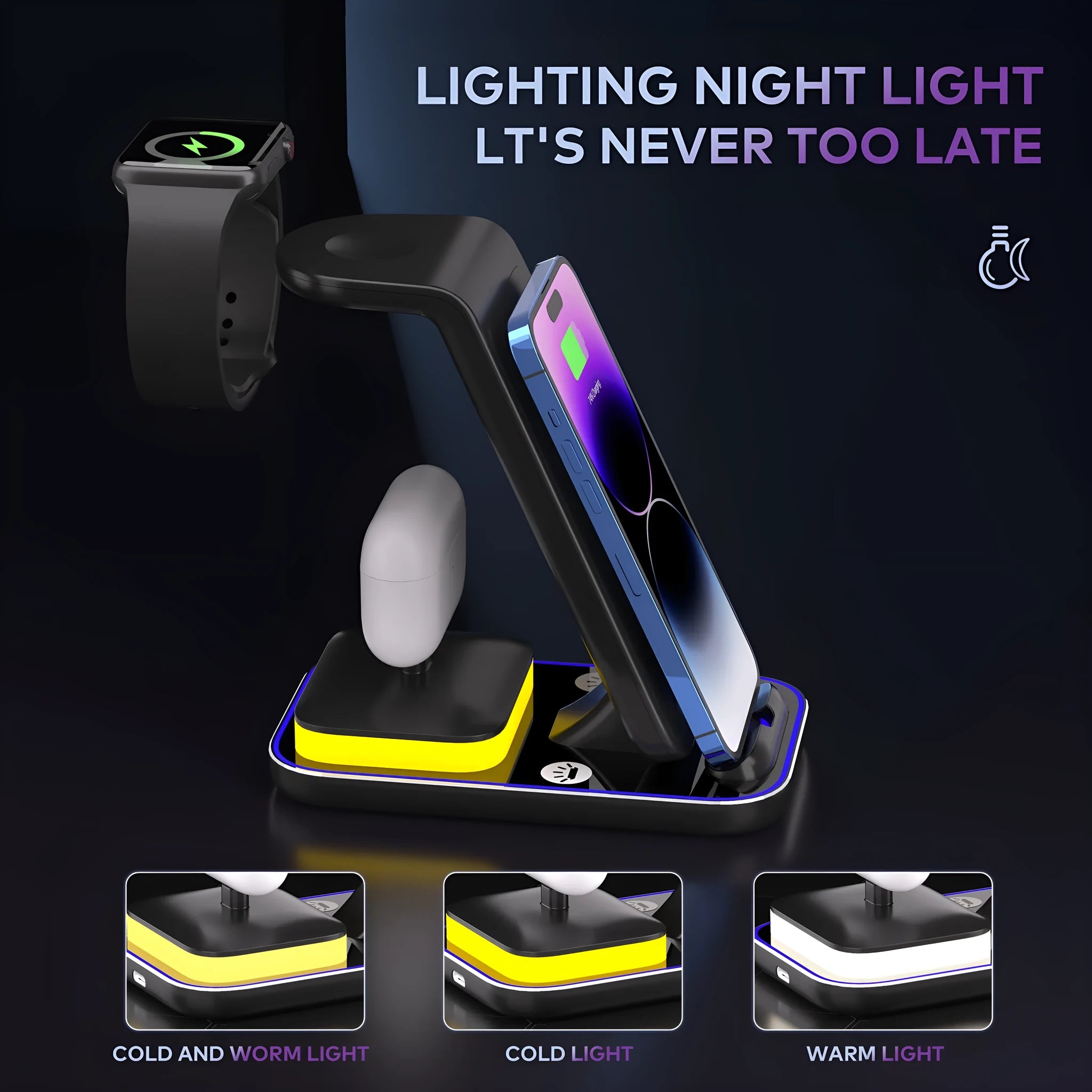 Black vertical wireless charger holding mobile phone upright with smart watch charging on base