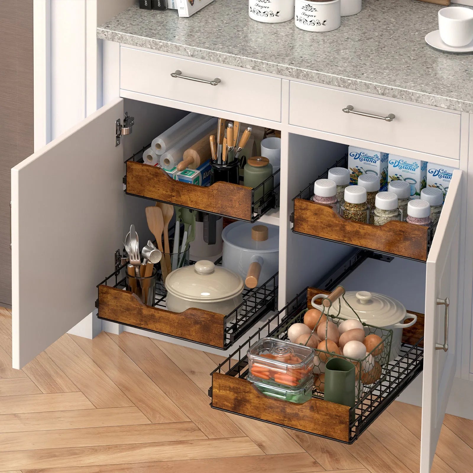 Black household storage rack with a wood and iron frame and a pull-out basket drawer.