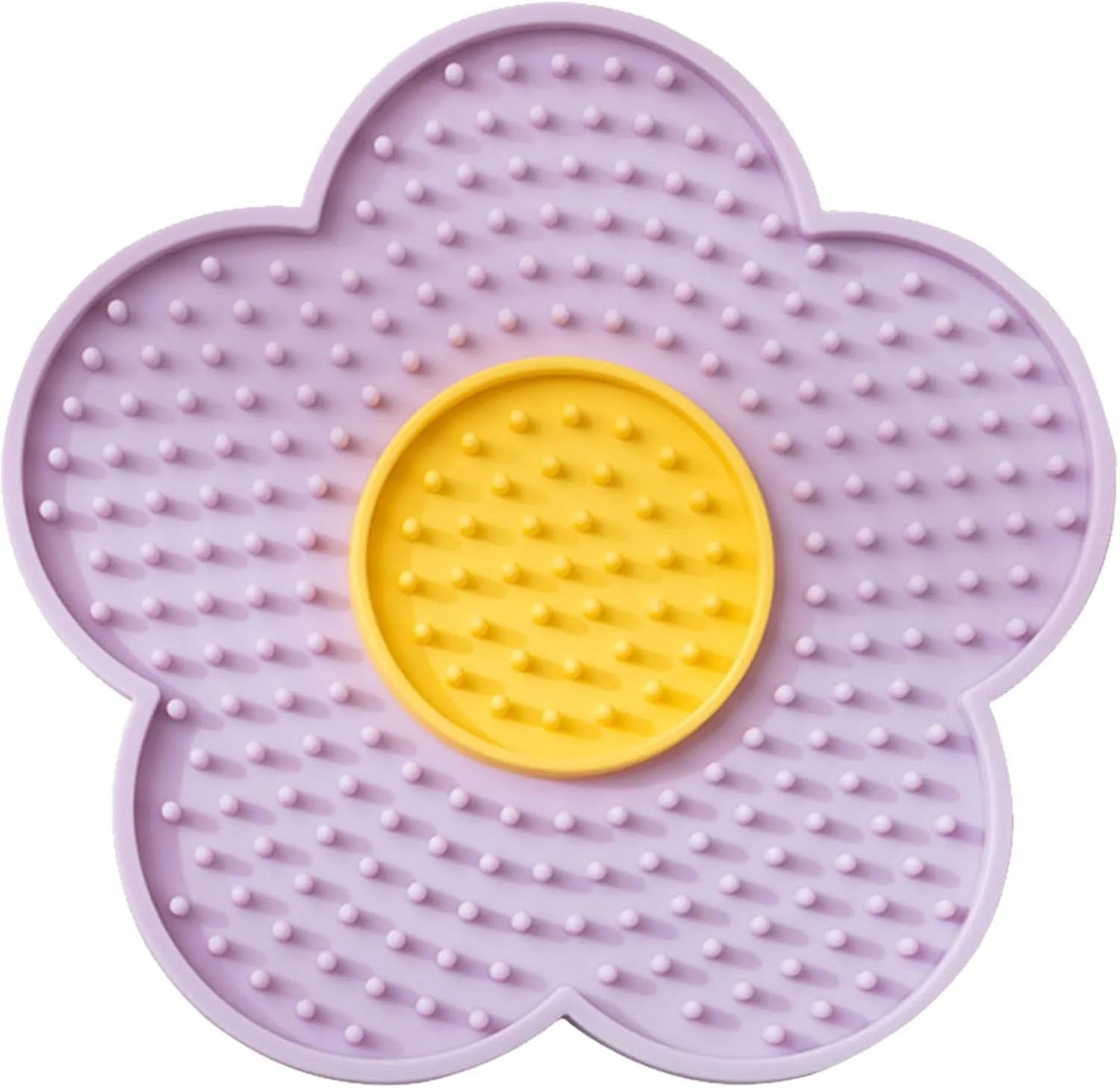 Flower-shaped silicone pet licking mat in blue with suction cups on the back, shown on a tiled surface.