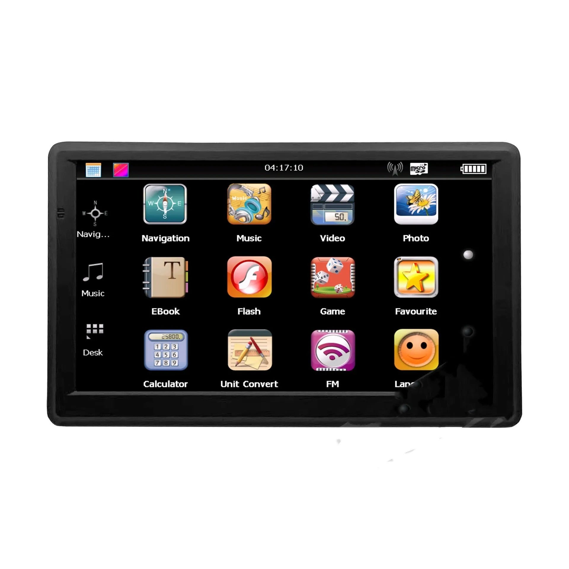 7-inch car GPS navigation device with touch screen display showing international maps