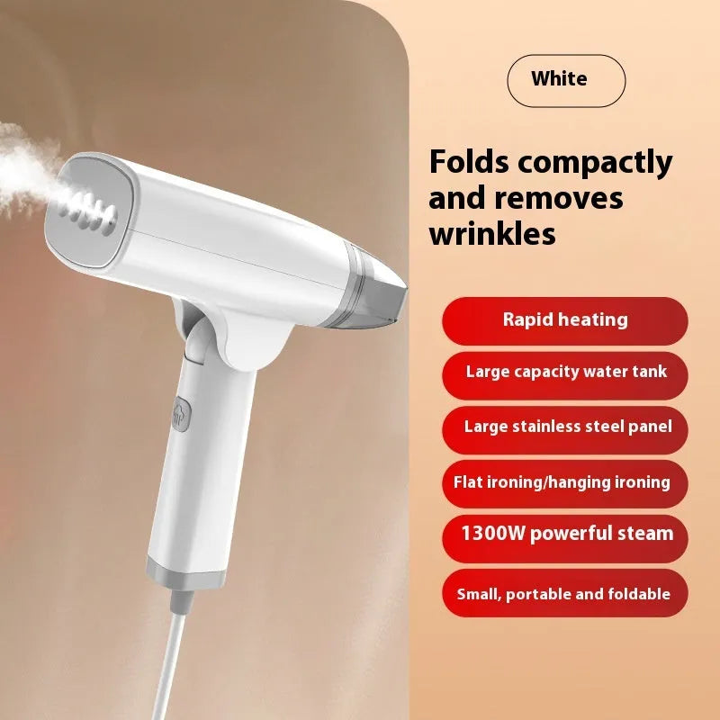 Blue and white handheld garment steamer with hanging iron attachment on wooden surface