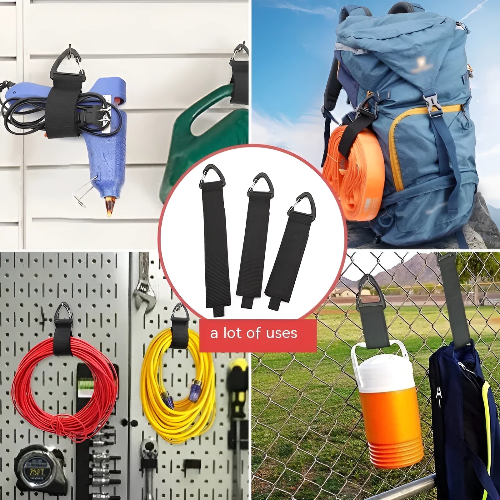 Black heavy-duty gravity storage strap with metal carabiner hook for garages and outdoor travel