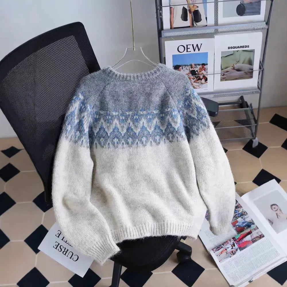 Women's loose fit jacquard sweater coat with contrast colour panels in beige, brown, or navy.