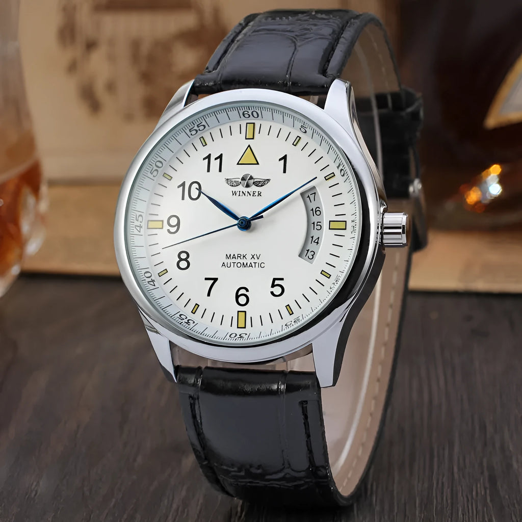Automatic mechanical watch with calendar, 41.5mm alloy case, ordinary glass mirror, genuine leather strap, white or black belt or black steel belt