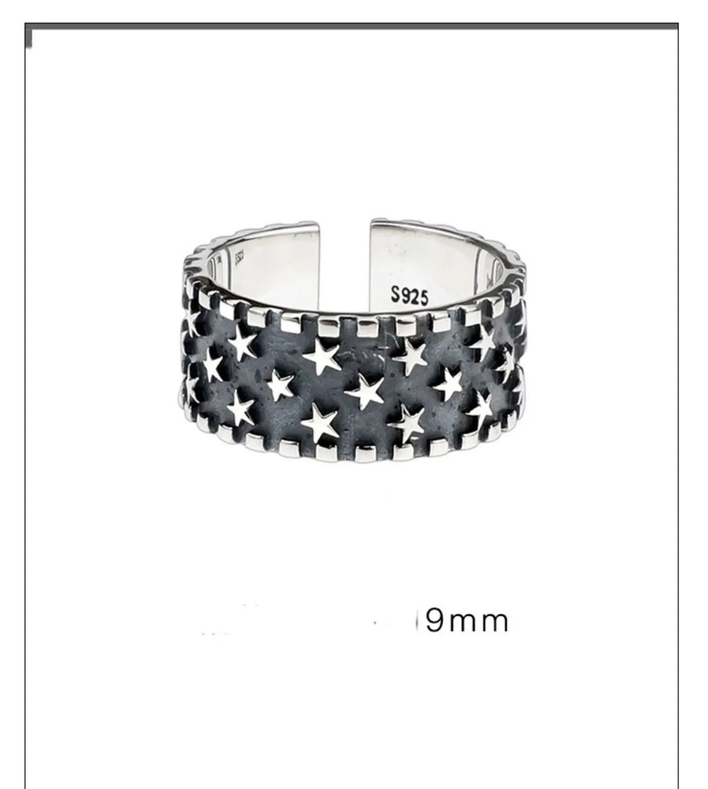 Adjustable 925 sterling silver ring with five pointed star geometric pattern