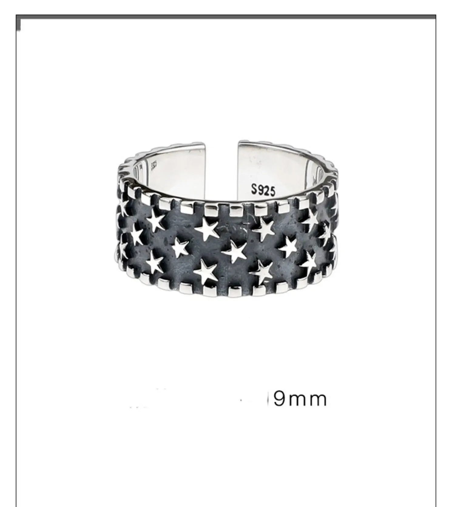 Adjustable 925 sterling silver ring with five pointed star geometric pattern