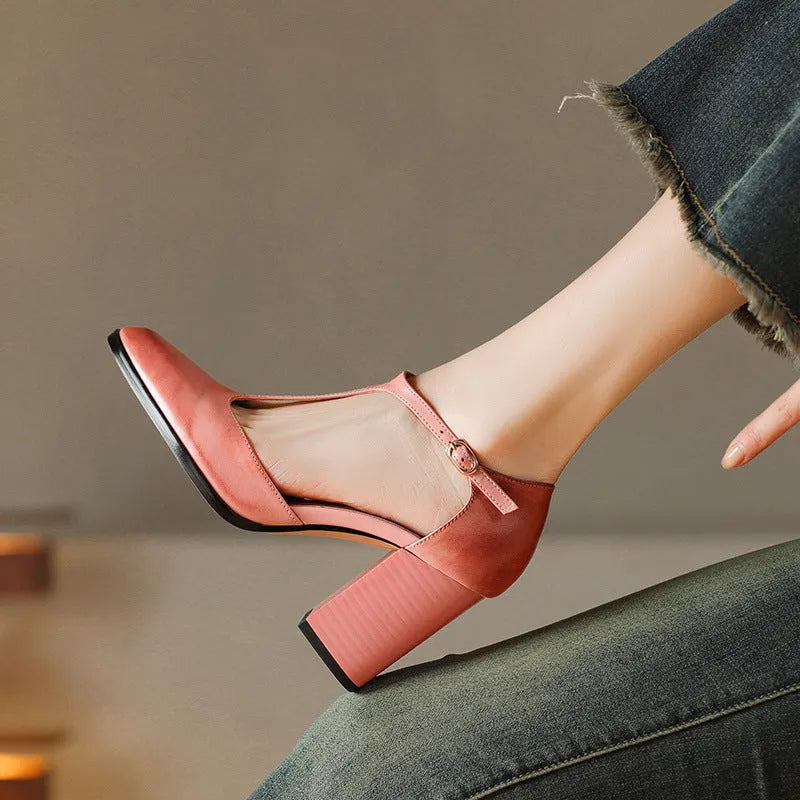 Women's retro pointed toe Mary Jane shoes with buckle fastening in dark brown leather.