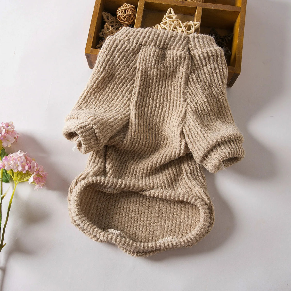Brown cloth dog sweater pullover on a small white dog, showing casual style.