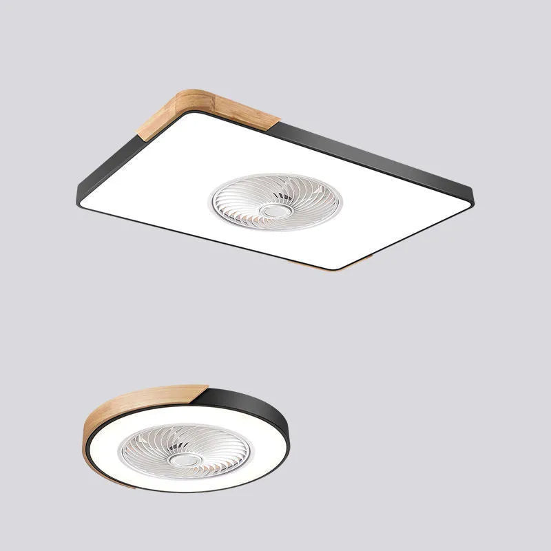 Nordic ceiling fan light with solid wood frame and white PVC lampshade, shown in rectangular, round, and square shapes.