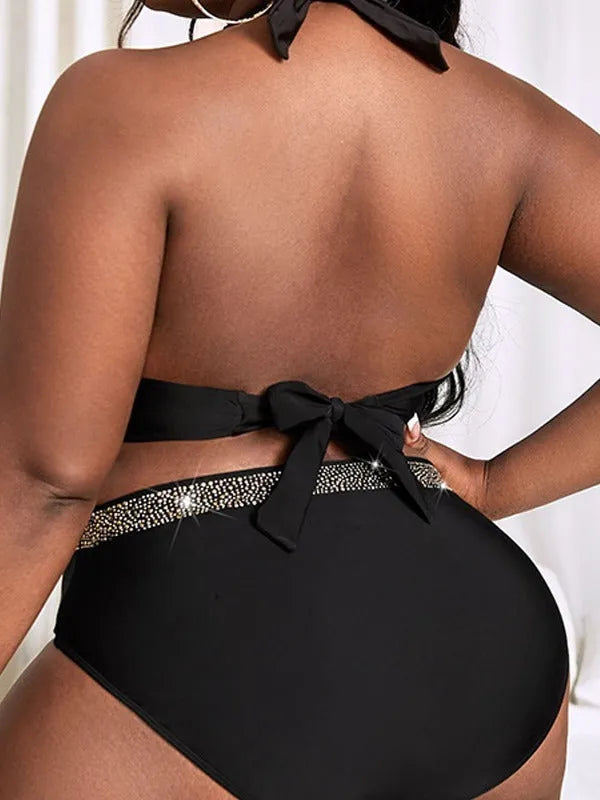 Black women's plus size bikini set with bra and shorts for swimming and hot spring use