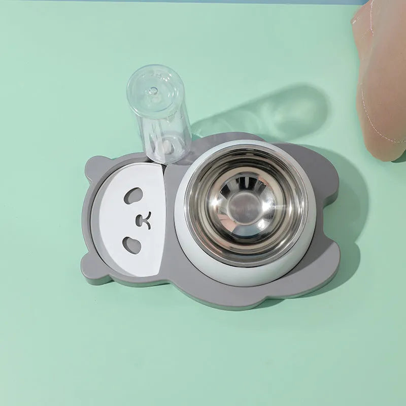 Grey panda-shaped tilted pet feeder with automatic water bottle for cats and small dogs