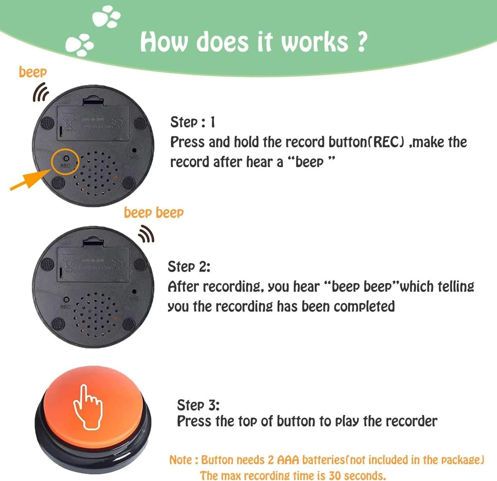 Voice recording button for dog training with 30 second record playback function in multiple colour options