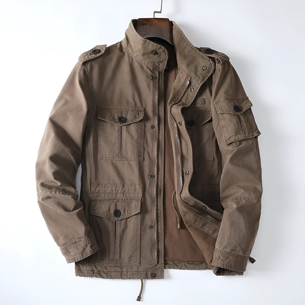 Men's loose cotton zip jacket in light brown, light army green, or black colour