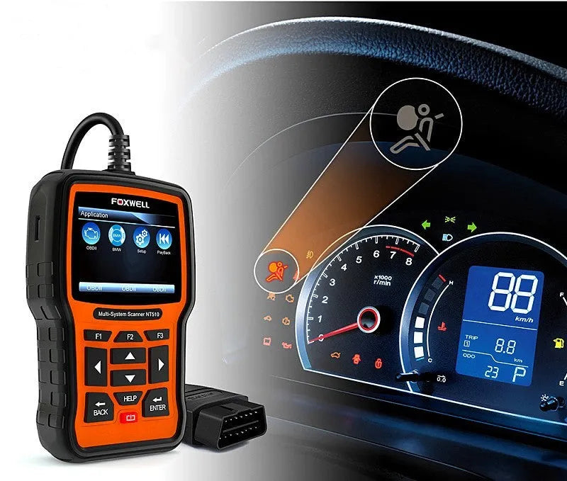 Foxwell NT510 orange and black automotive diagnostic scanner with OBD2 cable