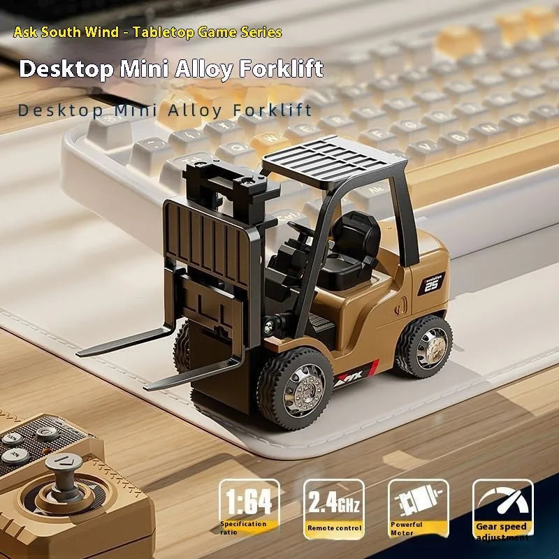 A detailed grey alloy remote control forklift toy with a black cargo hook and pallet on a white background.