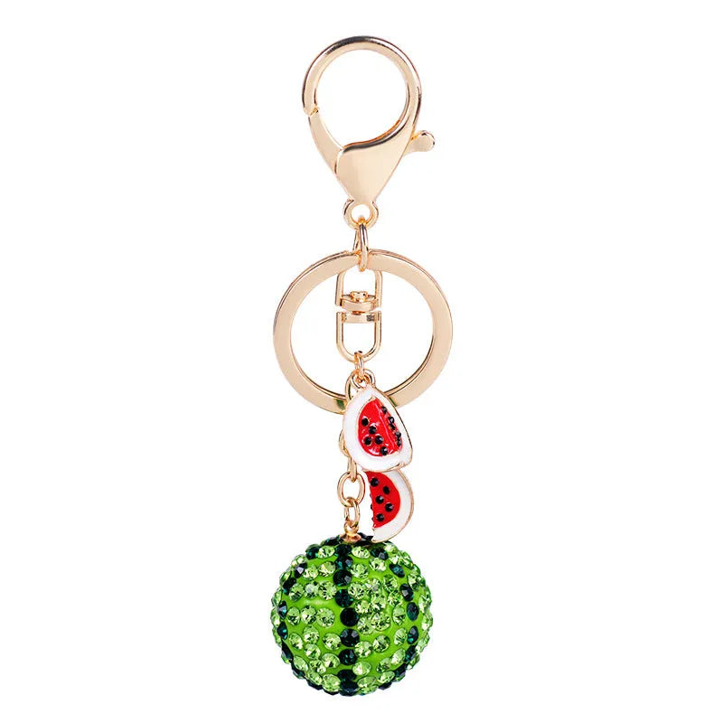 Green watermelon-shaped zinc alloy keychain with fruit diamond design measuring 12cm