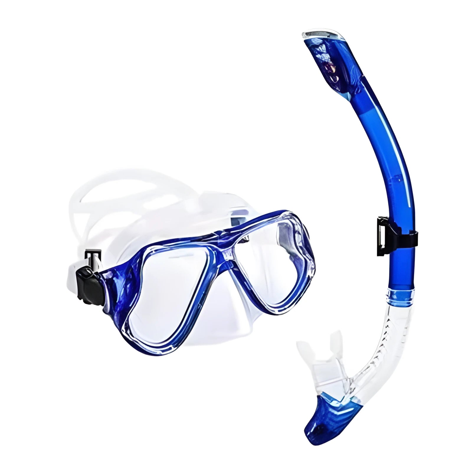 Black diving goggles with anti-fog lens, PC frame, and a silicone mouthpiece and strap for snorkelling.