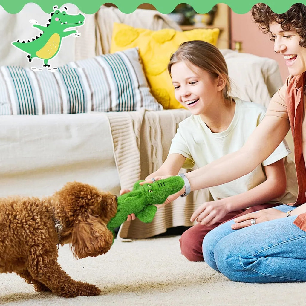Green crocodile dog toy with no stuffing, squeaker in head and crinkle paper in tail
