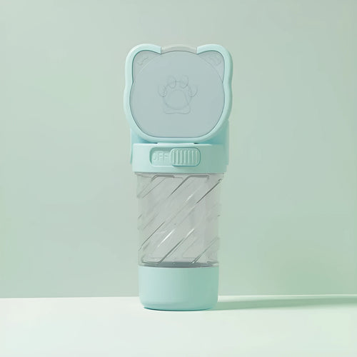 Green 3-in-1 pet water bottle with food container and garbage bag dispenser for dog walking