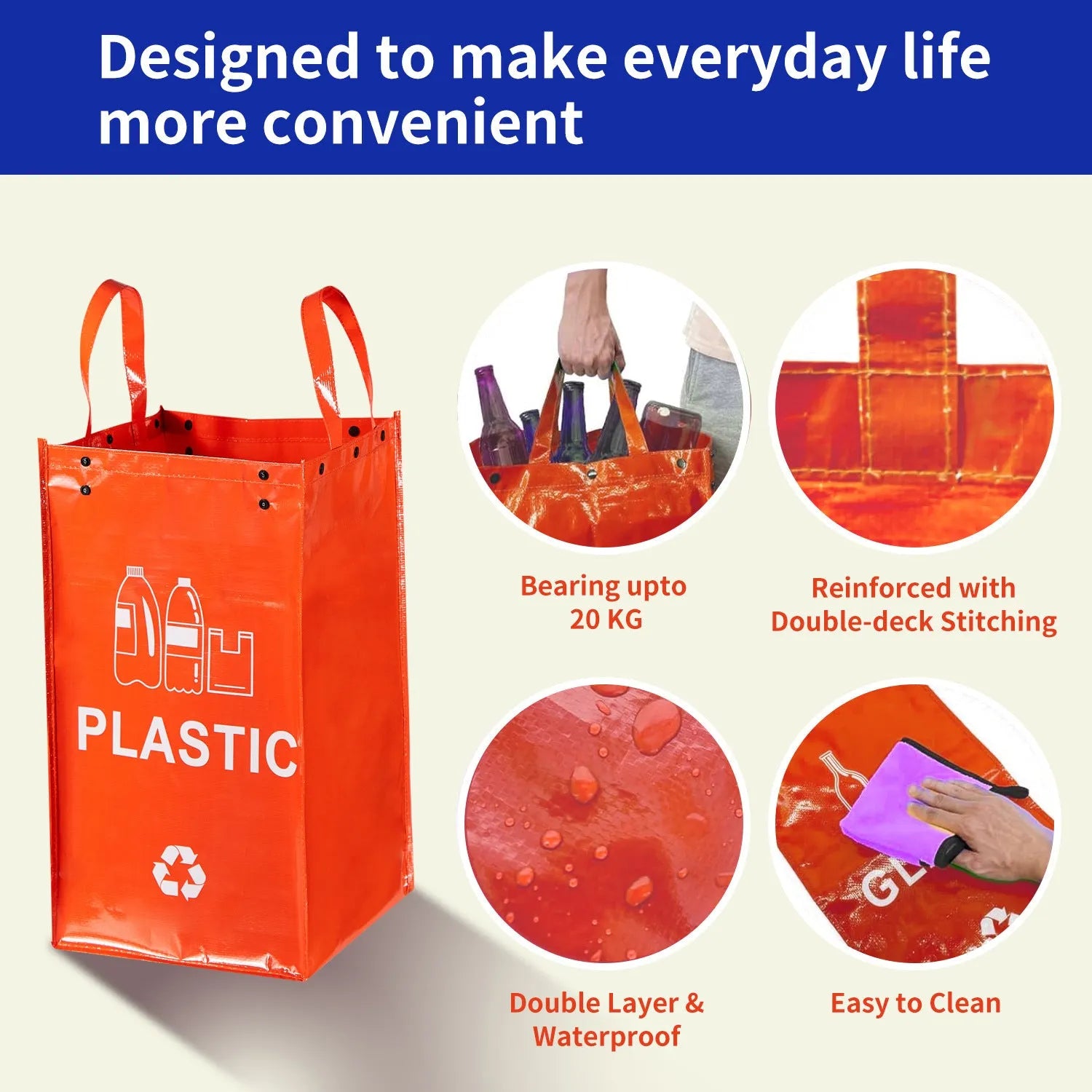 Blue waterproof handbag-style rubbish bin with 40L capacity and clean design