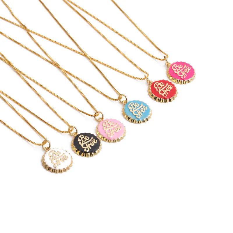 Copper bottle cap pendant necklace on a 40cm box chain with 18K gold electroplated finish