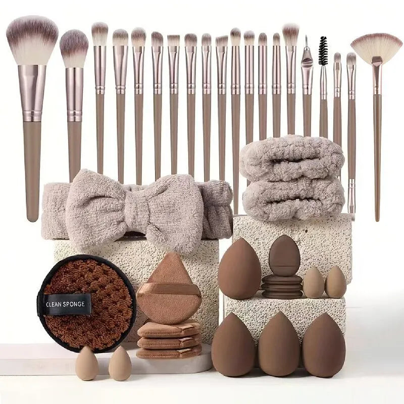 Hydrophilic non-latex beauty tools set in brown, pink and purple colours for facial cleansing and makeup