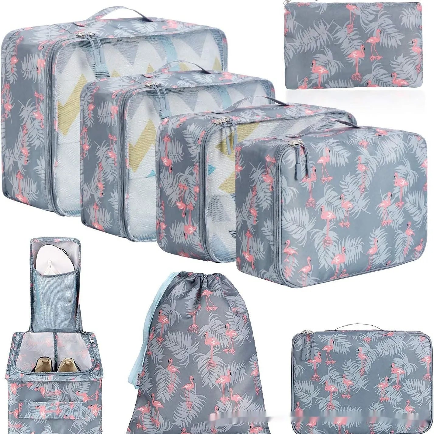 Cubic eight-piece travel packing set showing compression bags in various colours including beige, black, and pink leopard print
