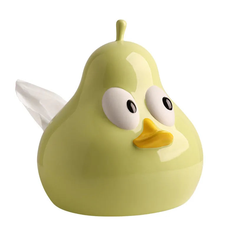 White porcelain ceramic tissue box with pear shape and cute animal design in green colour