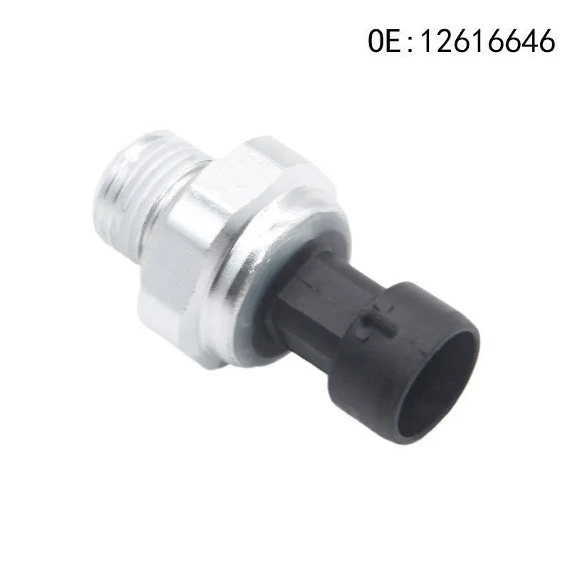 Silver metal automotive fuel pressure sensor for part numbers 12616646 and 12677836.