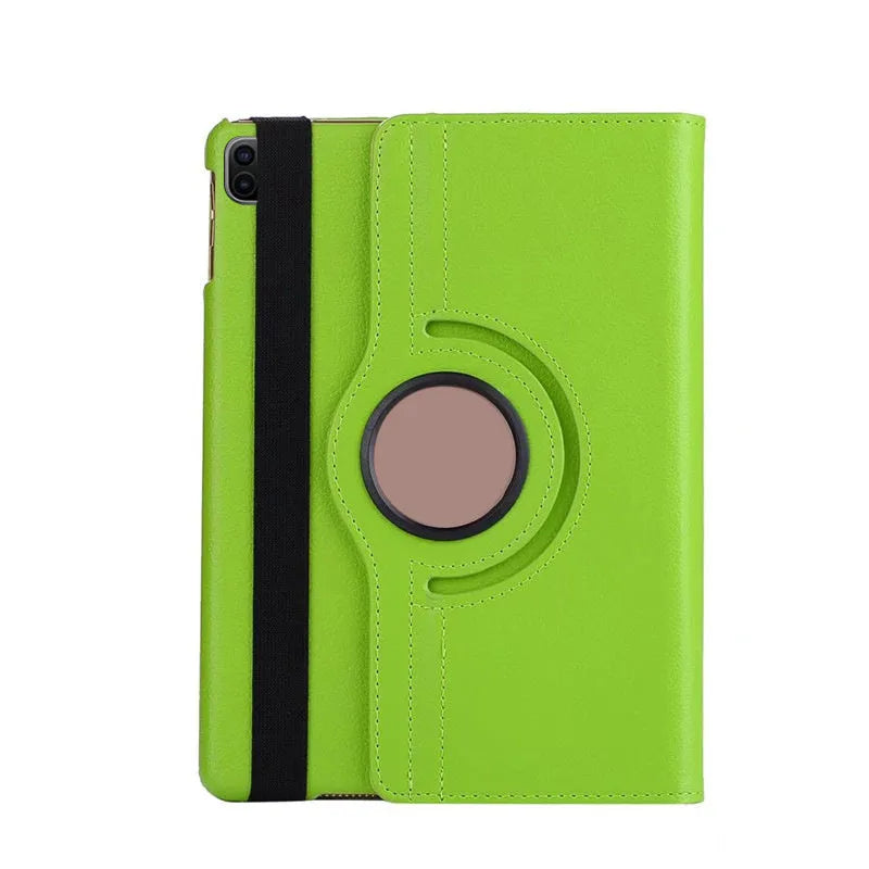 iPad rotating protective sleeve in imitation leather, showing clamshell design in solid colour options like black, blue, or pink.