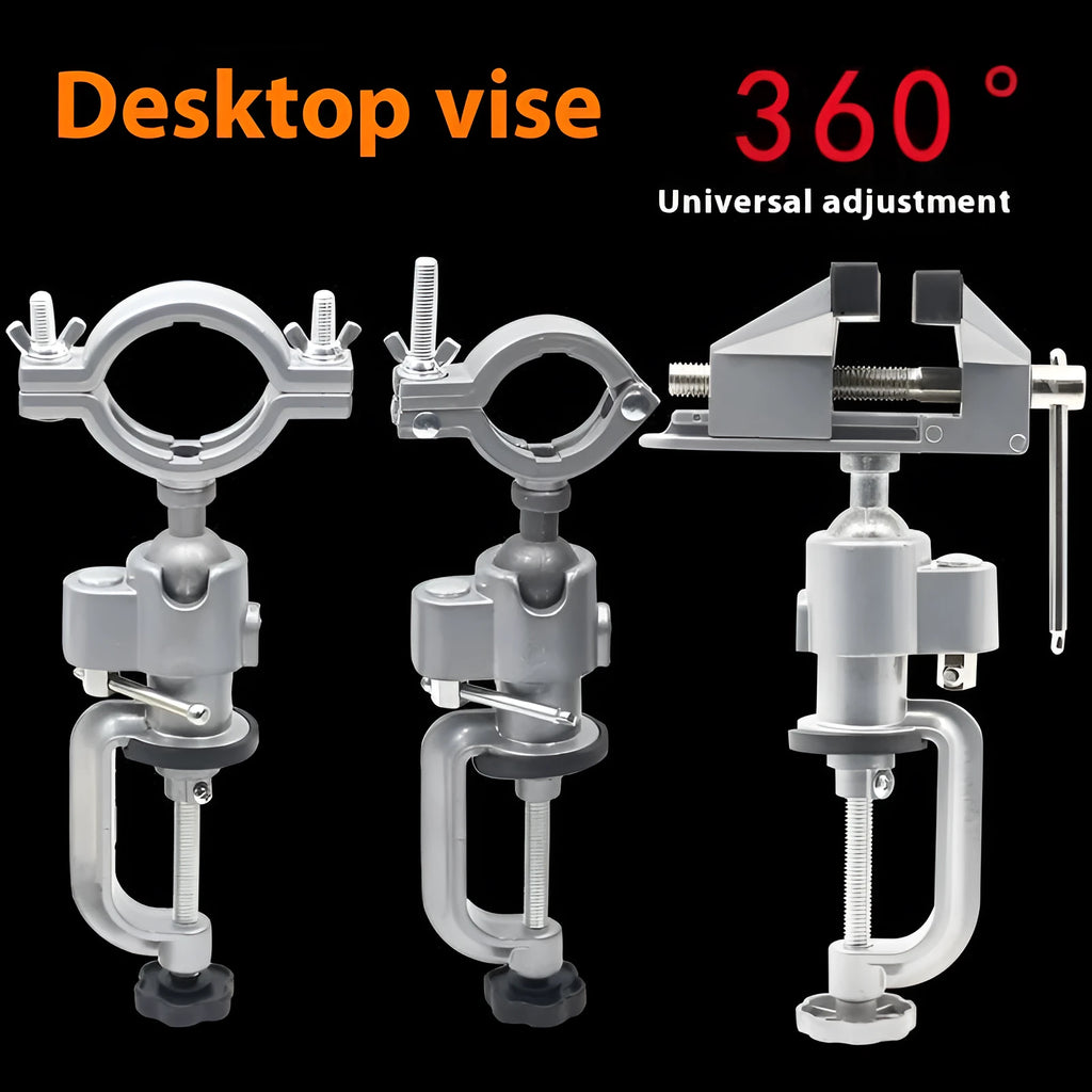 Bench vise with rotating bracket clamped to workbench edge