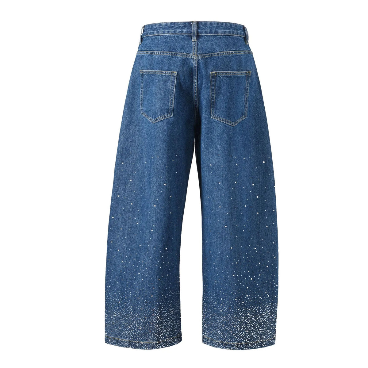 Blue and black women's loose-fitting cotton wide-leg trousers on a hanger.