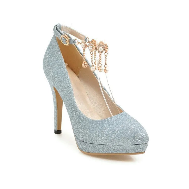 Women's blue platform stiletto heels with pointed toe on a plain background.