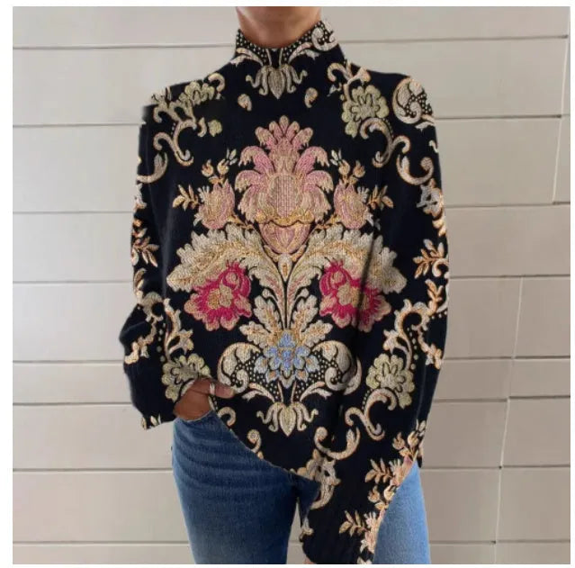 Black turtleneck sweater with 3D pattern printed design, loose fit, long sleeves
