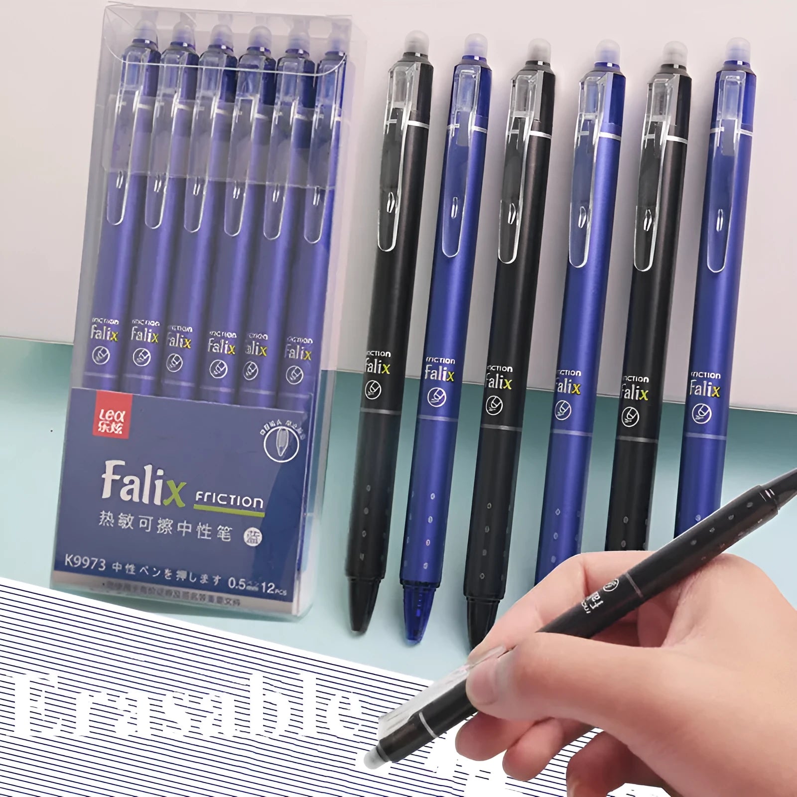 Blue and black hot erasable push gel pen with 0.5mm stainless steel nib for school students.
