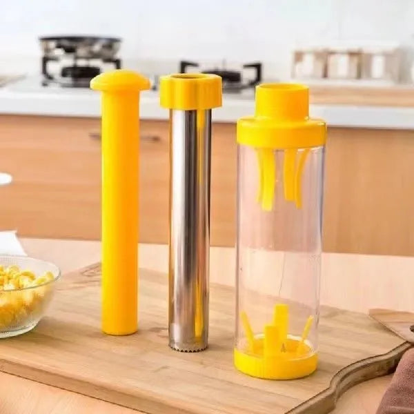 Yellow corn stripper tool with cylindrical design measuring 27cm high with stainless steel components