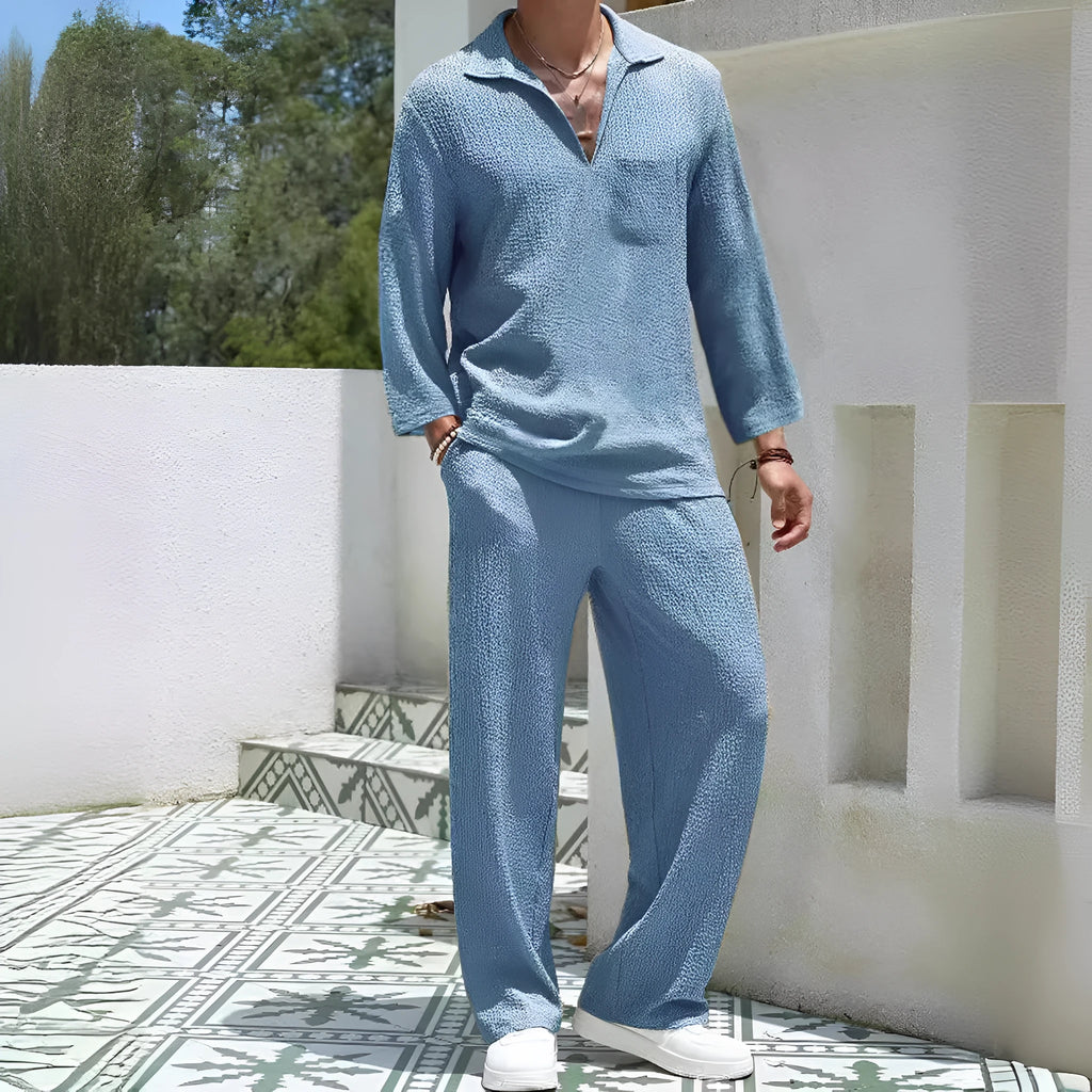 Men's casual shirt trousers commuter suit in polyester, shown in lake blue colour with shirt-style jacket.