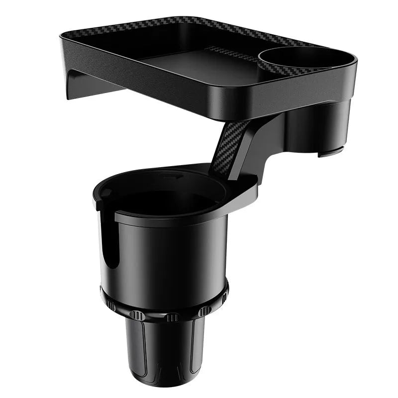 Black ABS car-mounted rotating tray with cup holder and dinner plate surface.