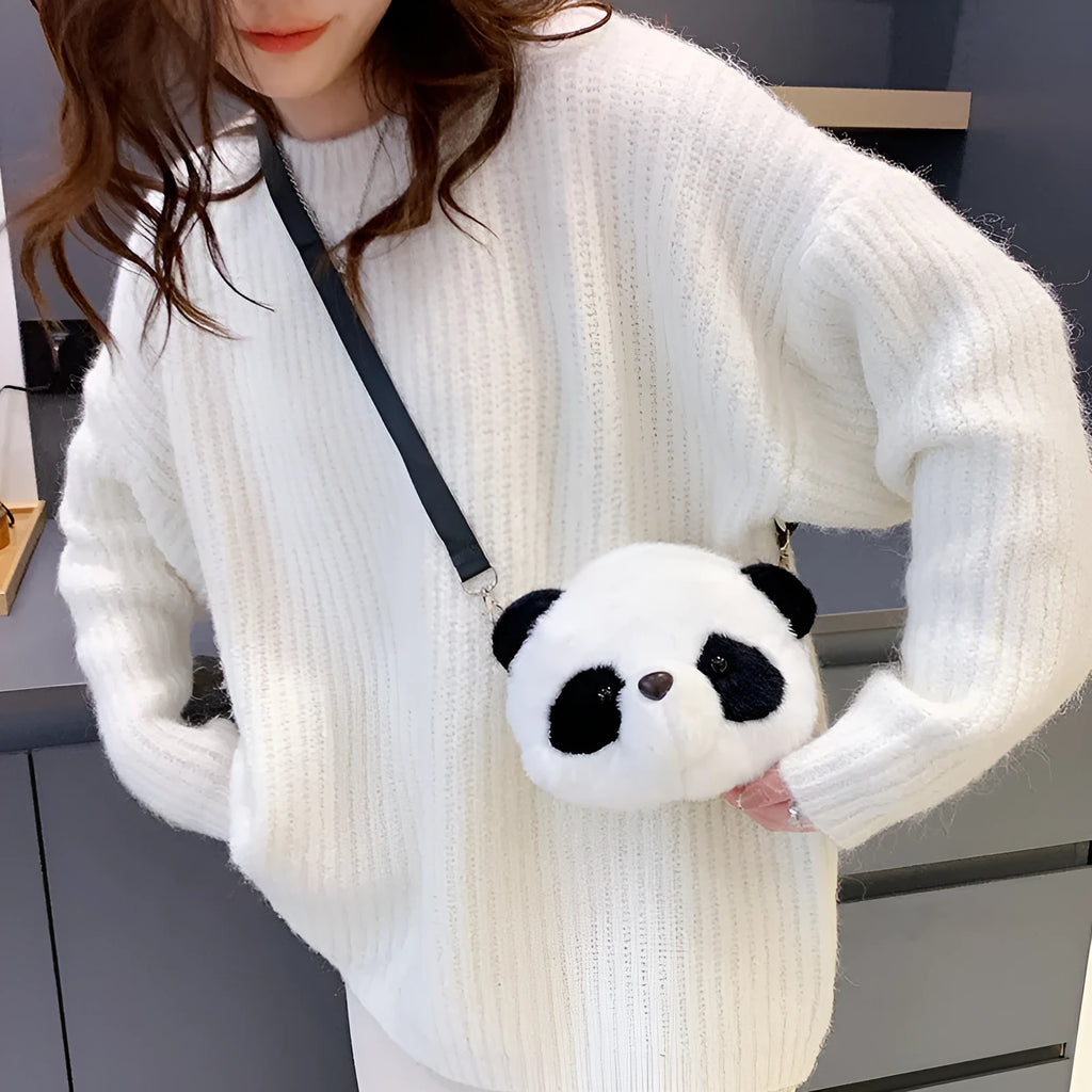 Plush crossbody shoulder bag with panda design, cylindrical shape measuring 18x15cm