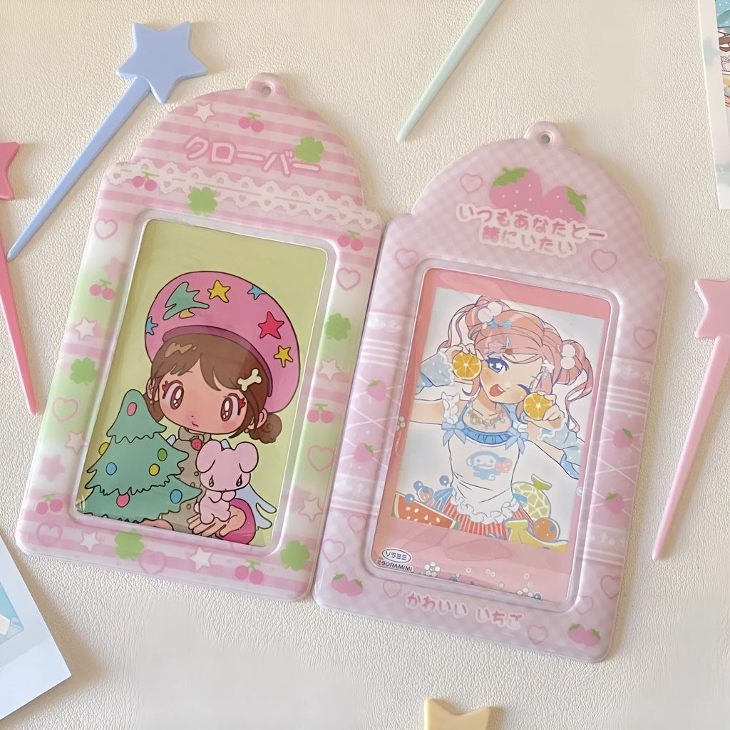 Cartoon PVC card holder with strawberry or four-leaf clover design for meal cards and ID badges